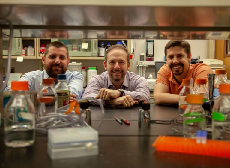 The research team behind the brain discovery included, from left, Antoine Louveau, Jonathan Kipnis and Sandro Da Mesquita.
