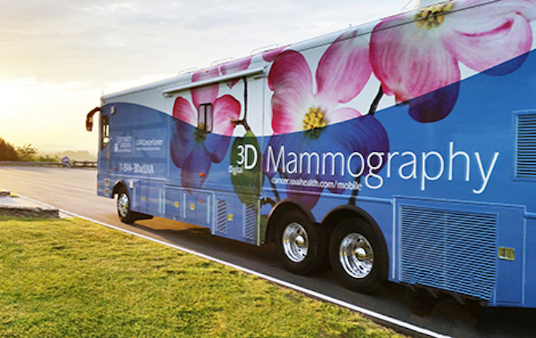Portrait of UVA Cancer Center's mobile mammography van.