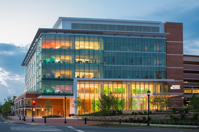 An exterior shot of the Battle Building at UVA Health Children's.