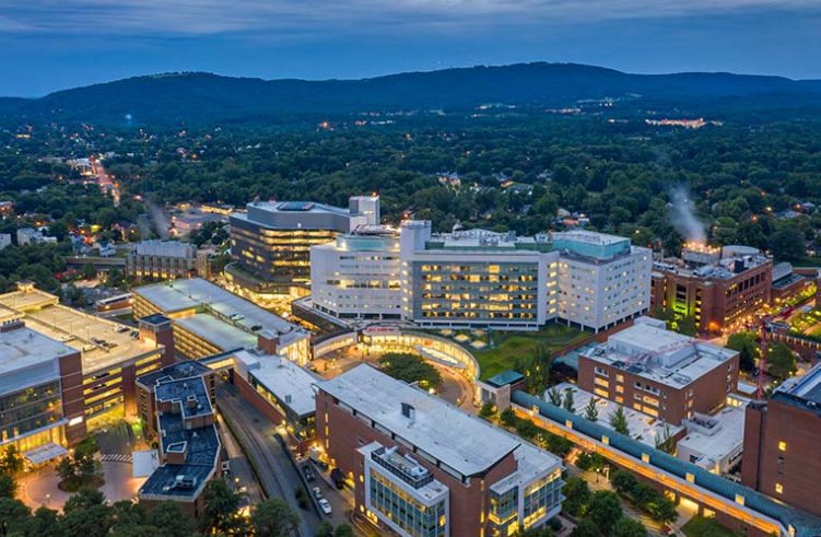 Aerial view of hospital and other UVA Health buildings.