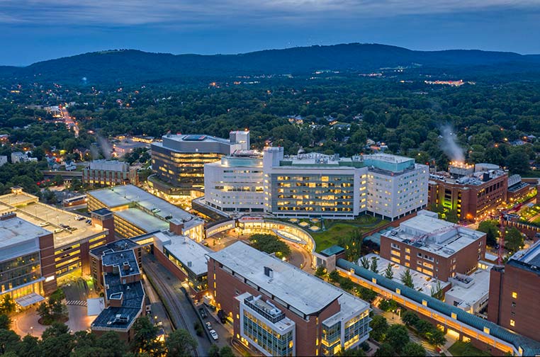 Aerial view of hospital and other UVA Health buildings.