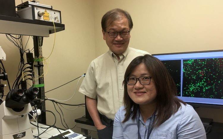 Chia-Yi “Alex” Kuan and Hong-Ru Chen smile in the lab.