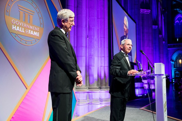 Anthony S. Fauci speaks at a lectern.