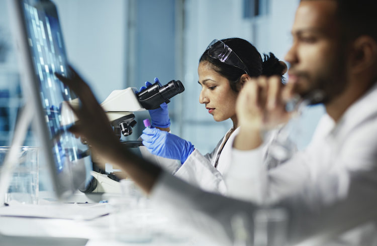 Two scientists work in a lab.