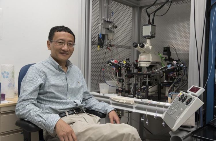 J. Julius Zhu poses with a microscope in his lab.