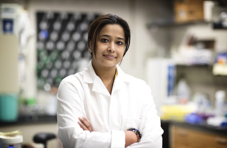 Sanchita Bhatnagar wears a white coat in her lab.