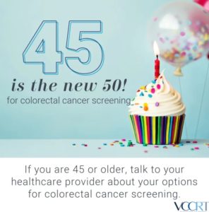 A cupcake with a candle, accompanied by text encouraging colorectal cancer screening starting at age 45.