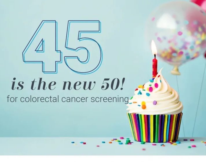 A cupcake with a candle, accompanied by text encouraging colorectal cancer screening starting at age 45.