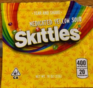 Packaging of a THC product designed to look like Skittles candy.