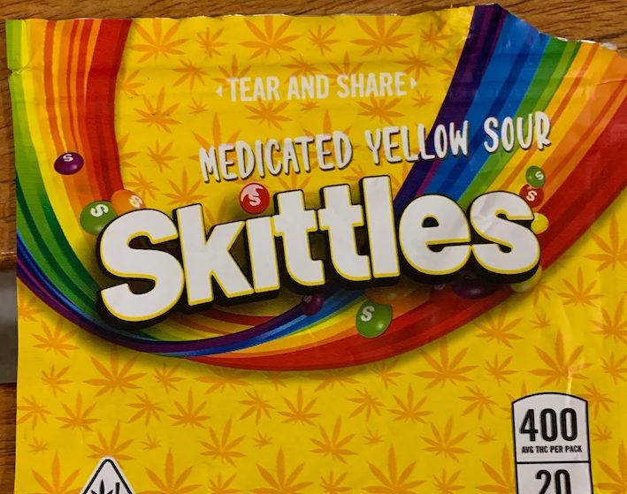 Packaging of a THC product designed to look like Skittles candy.