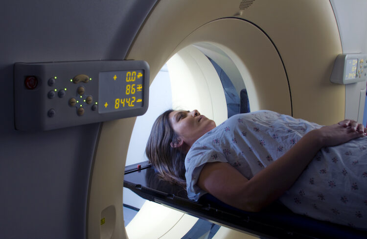 A woman undergoes a diagnostic MRI to detect breast cancer.