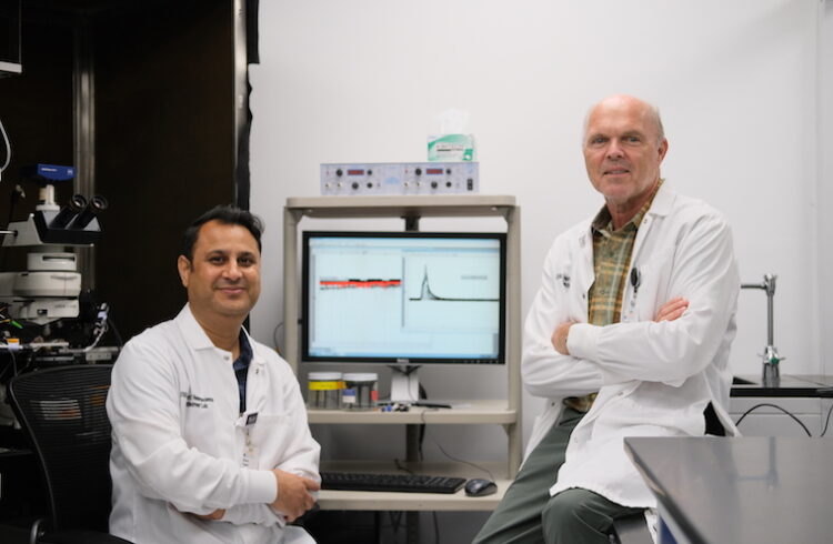Dr. Bhanu Tewari and Dr. Harold Sontheimer in the lab