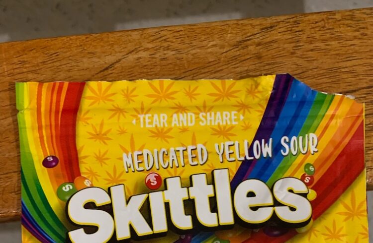 Packaging of a THC product designed to look like Skittles candy.