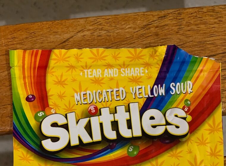 Packaging of a THC product designed to look like Skittles candy.