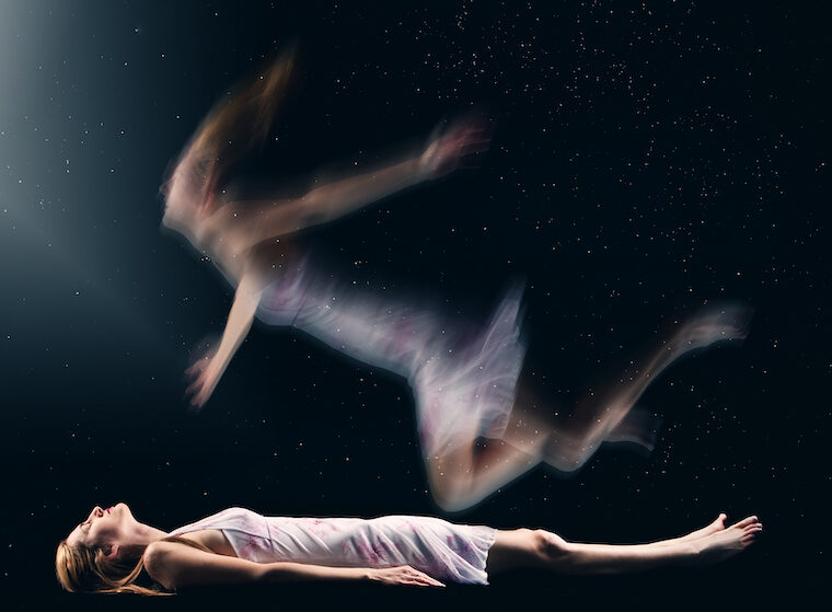 Artistic depiction of a woman having an out-of-body experience