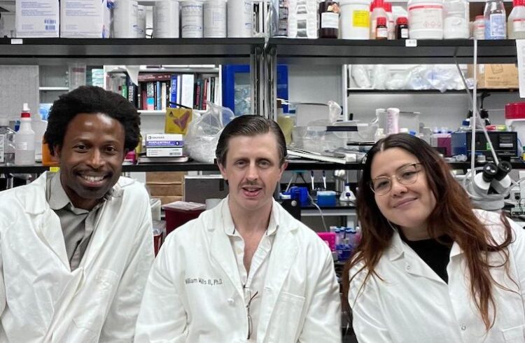Researchers Ukpong Eyo, William Mills III and Aida Lopez in the lab